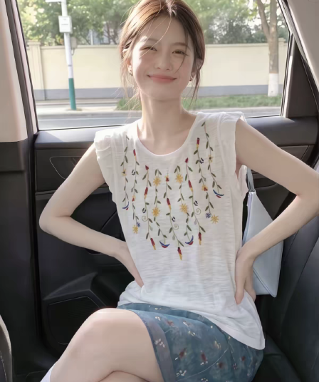 달콤함 연령 감소 자수 꽃무늬 Feifei 소매 맨위 여성 여름 얇은 스타일 루즈핏 슬림해 보이는 민소매 오프숄더 얼음 실크 니트 스웨터
