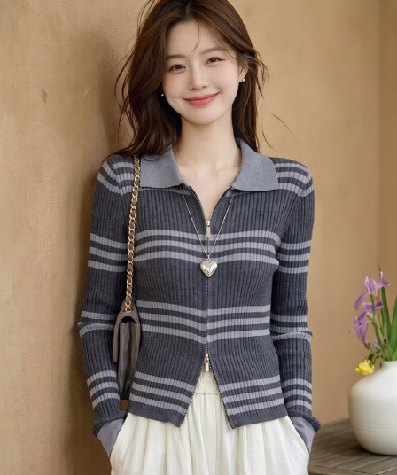 한국 스타일 배색 스트라이프 POLO 칼라 니트 오픈 가디건 여성 이른 가을 새로운 긴팔 지퍼 다용도 미니멀리즘 세련된 맨위