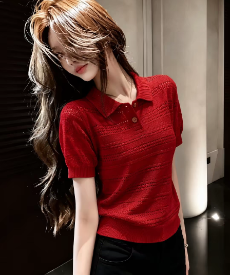 2026 여름 고유 한 Chic POLO 칼라 패션 홀로우 아웃 니트 스웨터 얼음 실크 반팔 출퇴근 다용도 슬림해 보이는 맨위
