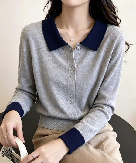 고유 한 패션 배색 POLO 칼라 긴팔 니트 스웨터 여성 가을 새로운 빛 럭셔리 작은 대중 슬림해 보이는 품격 맨위 여성