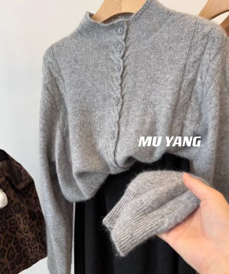 muyang 한 부서 여성 색상 싱글 줄 버튼 옷깃 트위스트 마 무늬 반하이넥 산양 캐시미어 양모 스웨터
