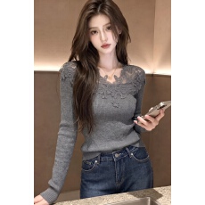 批发法式灰色蕾丝拼接针织打底衫女秋冬轻奢高级感内搭<b class='q'>气质</b>绝美小上衣