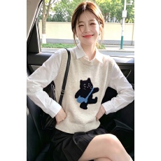 批发<b class='q'>可爱</b>减龄针织无袖毛衣马甲背心经典刺绣小猫时尚百搭内搭秋冬叠穿
