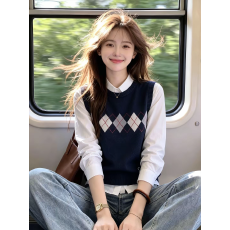 批发学院风菱格纹针织背心女无袖圆领提花百搭<b class='q'>毛衣</b>叠穿背心