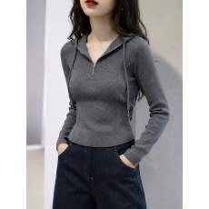 批发休闲<b class='q'>针织衫</b>春秋新款<b class='q'>女</b>装不对称结构线抽绳连帽百搭修身型毛衣