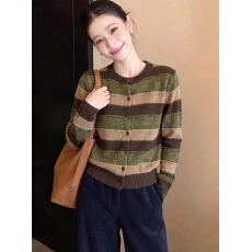 批发拼色圆领条纹长袖针织衫女显瘦毛衣上衣舒适软糯慵懒风<b class='q'>开衫</b>外套潮