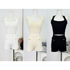 批发woppei 气质时髦金扣针织打底套装秋季挂脖吊带背心修身显瘦短裤