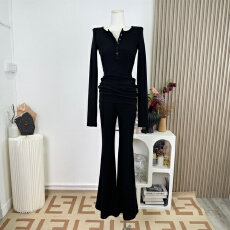 批发何晨曦 黑色套<b class='q'>装</b>女2025新款秋磨毛亨利领醋酸羊毛<b class='q'>上衣</b>喇叭休闲<b class='q'>裤</b>