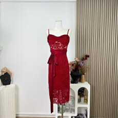 批发杜总家  红玫瑰*女人味红色雪尼尔蕾丝性感纯欲气质吊带连衣长裙