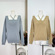 批发M900慵懒风u领套头毛衣女秋冬穿搭 <b class='q'>套装</b>针织挂脖背心叠穿两件套