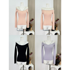 批发kubiliv【星落玉肩】烫钻<b class='q'>网纱</b>拼接粉色针织衫女修身收腰套头上衣