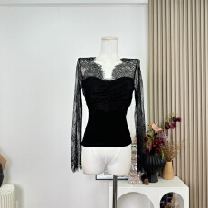 批发杜总家 微醺小巴黎*原创辣妹蕾丝透视显瘦打底衫女抽褶设计感上衣