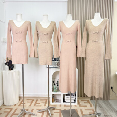 批发白水女 温柔欧尼酱 V领蝴蝶结长袖连衣裙女冬季温柔高级感长裙