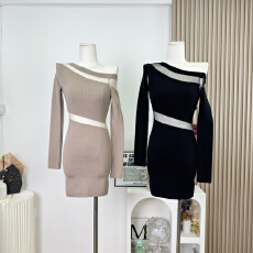 批发kubiliv【诱人曲线】绵羊毛混纺网纱拼接斜肩针织短裙纯欲连衣裙