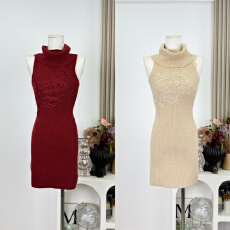 批发Hotdog 热狗很辣【红昭美人】 优雅气质女修身针织无袖荡领连衣裙