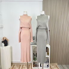 批发SZA【金秘书小资】冬季新款气质假两件露肩针织包臀连衣裙