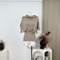 批发kubiliv老钱新贵复古时髦慵懒高领流苏披肩吊带背心针织套装