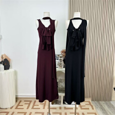 批发woppei  经典破缝设计<b class='q'>蝴蝶结</b>飘带裙优雅修身亲肤酒红色<b class='q'>连衣裙</b>女