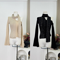 批发JAYKY YANG【美奈星光】绵羊毛飘带绞花<b class='q'>针织衫</b>露肩假两件闪钻上衣