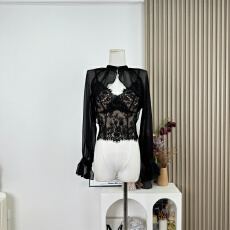 批发kubiliv【钓系柔媚】性感薄纱灯笼袖披肩罩衫蕾丝背心吊带两件套