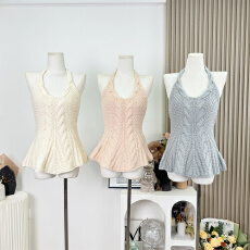 JAYKY YANG梦织安吉莉挂脖针织吊带背心法式立体扭花收腰上衣