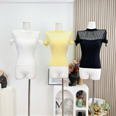 批发Tongiiuu 薇妮少女 圆领镂空蝴蝶结针织短袖T恤女修身显瘦上衣夏