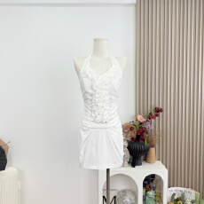 批发titi小姐姐【塞纳花房】吊带背心春夏白色设计感短款辣妹挂脖上衣