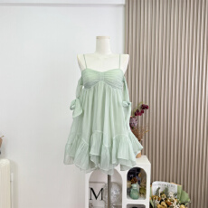 批发kubiliv【恋夏薄荷】法式少女蝴蝶结薄荷绿吊带短裙<b class='q'>荷叶边</b><b class='q'>连衣裙</b>