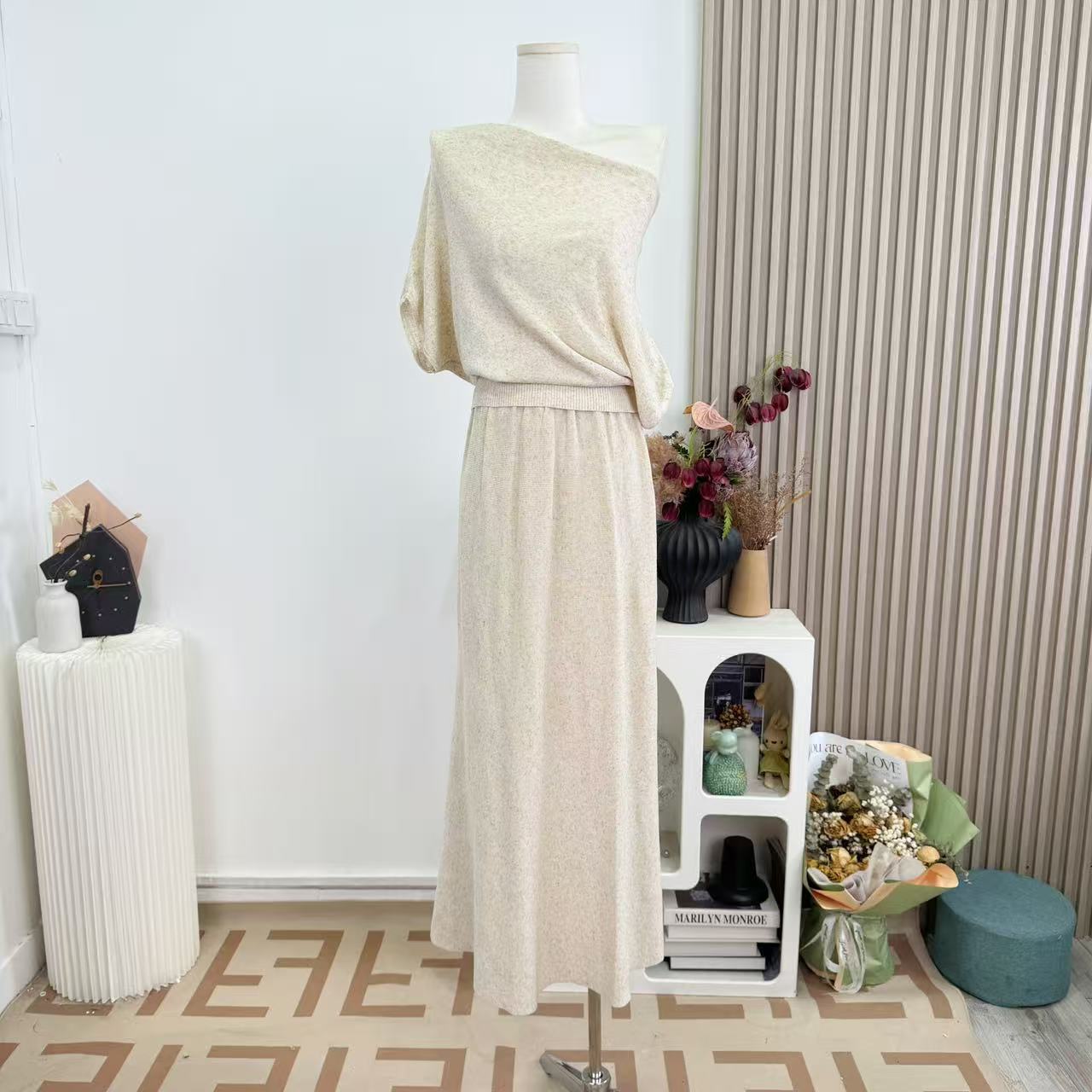 famouswang 여름 새로운 다용도 예술 계열 주간 실크 아마 흔들다 칼라 품격 반 스커트 세트 여성 작은 키