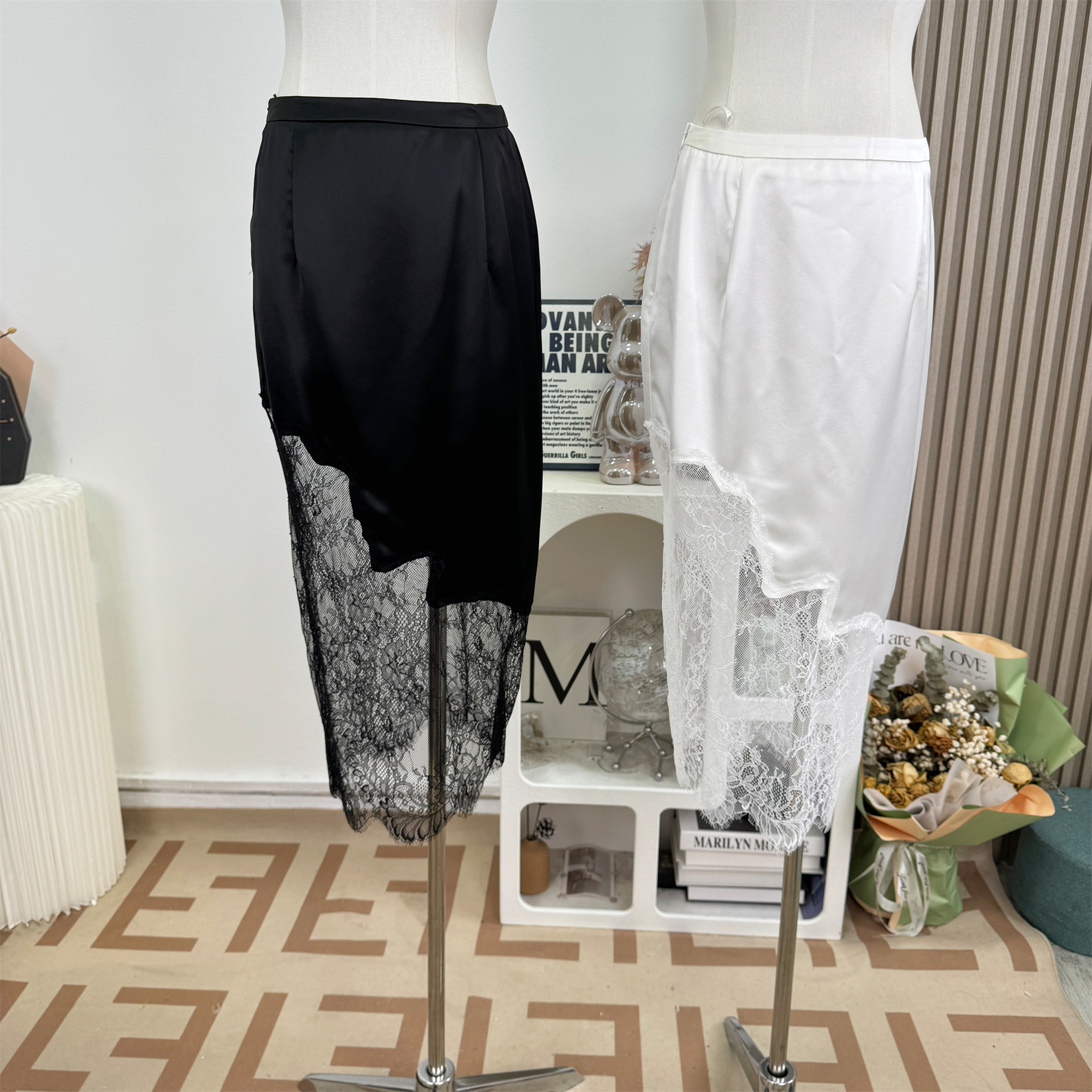 woppei 프랑스식 고급 센스 새틴 레이스 조각 아세트산 반신 스커트 여성 봄 여름 슬림해 보이는 품격 치마