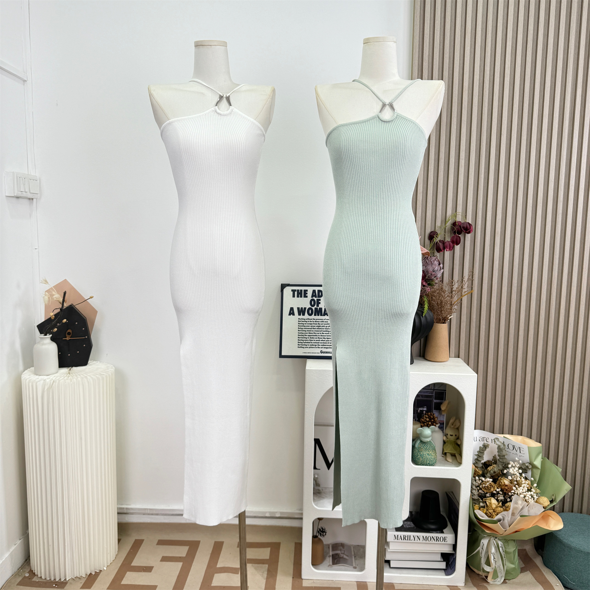 for fay 순수한 욕망 행침 목 니트 여성 드레스 섹시함 몸매 가꾸기 신축성 타이트 스커트 트임 롱 스커트