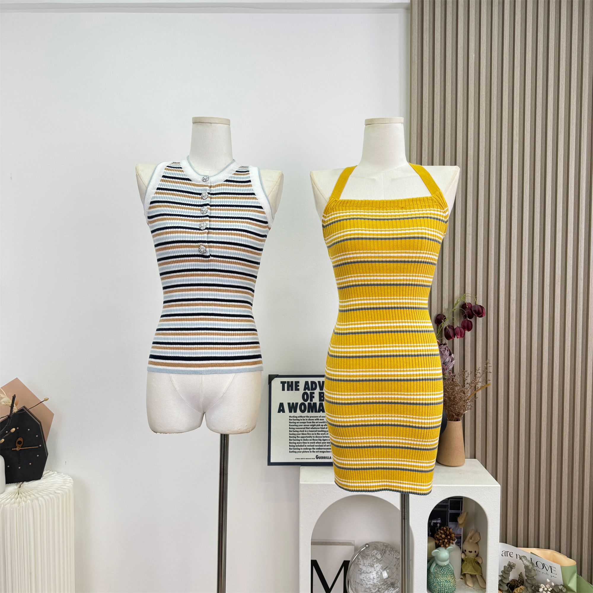 안녕하세요. 팬 팬 sunny girl 배색 끈 백리스 니트 원피스 샤오시엔 스트라이프 조끼