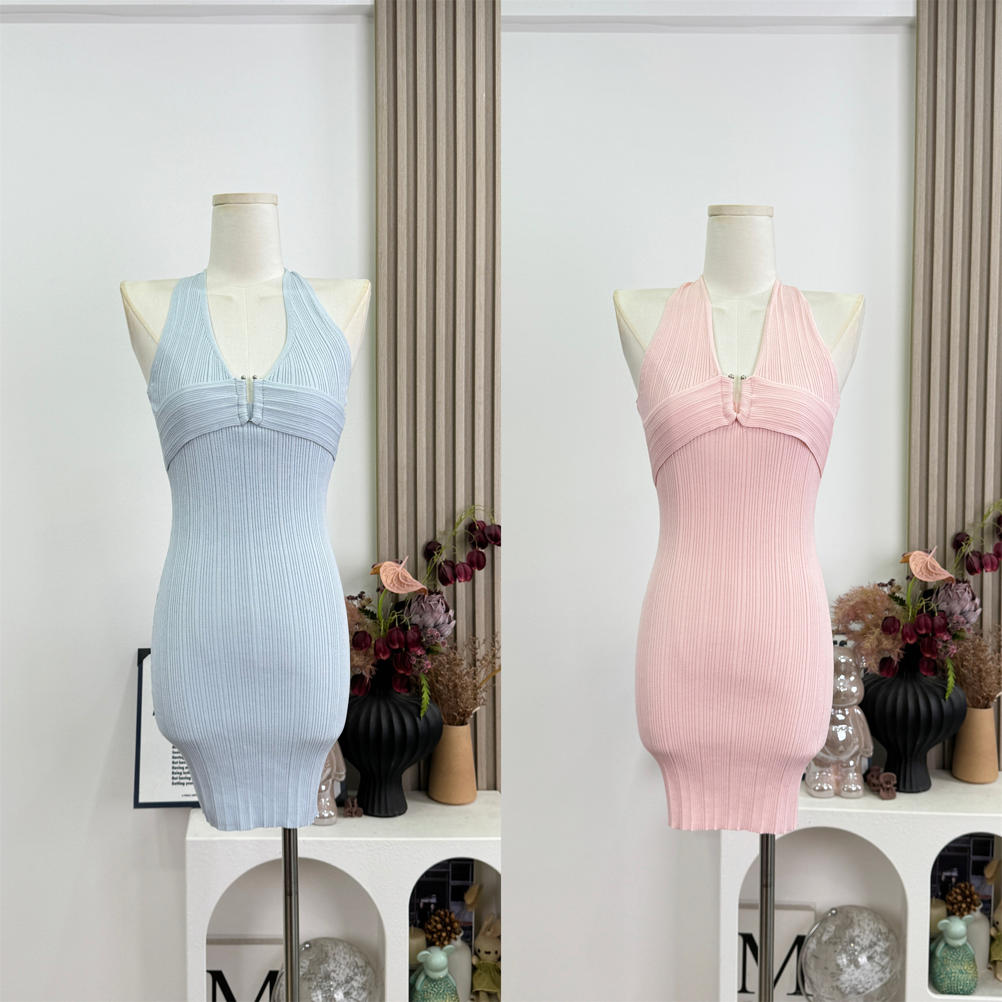 okmashop 하이델베르크 연애 편지 니트 행침 목 여성 드레스 여름 순수한 욕망 섹시함 허리 수축 V넥 치마