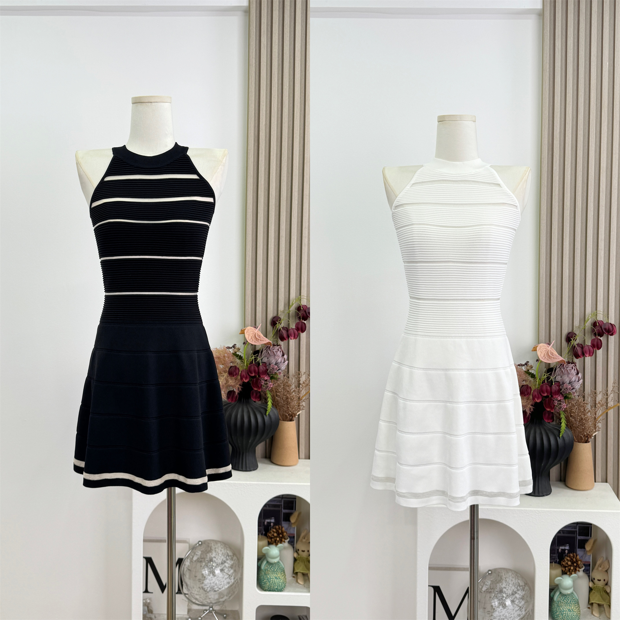 okmashop 장 원 영어 같은 단락 민소매 여성 드레스 여름 고급 센스 품격 홀로우 아웃 허리 수축 치마