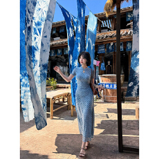 批发新中式旗袍蓝色波点短袖连衣裙女夏季性感纯欲气质修身包臀长<b class='q'>裙子</b>