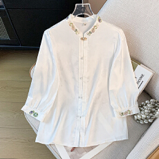 批发实拍新中式国潮改良立领盘扣提花刺绣夏季百搭古典长袖衬衫上衣