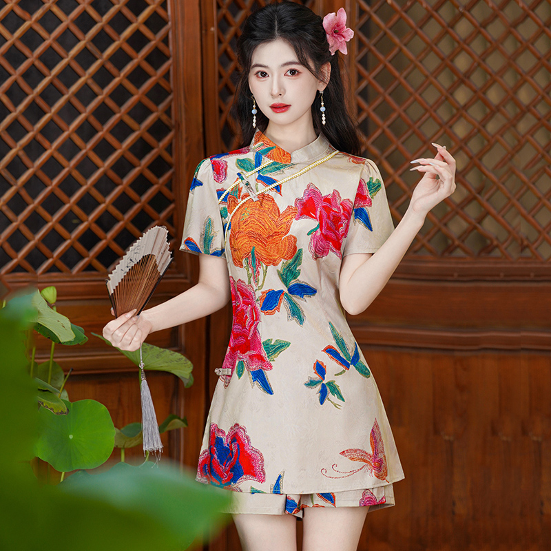 FA33569# 新中式古典唐装立领提花古典图案民族风改良夏季上衣短裤套装 服裝批發女裝批發服飾貨源