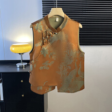 批发实拍新中式气质<b class='q'>唐装</b>盘扣斜襟立领<b class='q'>汉服</b>民族风缎面提花坎肩马甲上衣