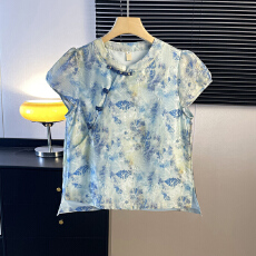 批发实拍新中式古典气质盘扣立领民族风斜襟国风提花<b class='q'>唐装</b><b class='q'>汉服</b>短袖上衣