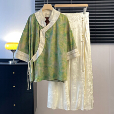 批发实拍新中式<b class='q'>唐装</b>复古斜襟立领拼接<b class='q'>汉服</b>上衣搭配重工提花裤子两件套