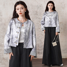 批发实拍新中式<b class='q'>唐装</b>圆领重工提花拼接<b class='q'>汉服</b>长袖搭配复古阔腿休闲裤套装