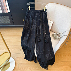 批发实拍新中式典雅盘扣国风<b class='q'>唐装</b>复古显瘦<b class='q'>汉服</b>重工提花宽松阔腿裤长裤