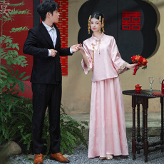 批发实拍新中式唐装婚嫁喜庆提花重工刺绣立领斜襟上衣复古半身裙套装