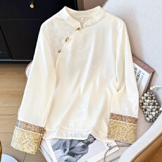 批发实拍新中式气质古典斜襟立领盘扣淑女百搭重工提花刺绣长袖上衣