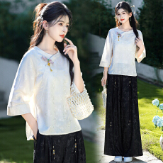 批发实拍新中式东方汉服圆领斜襟盘扣重工提花上衣搭配国风长裤两件套