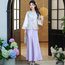 批发实拍新中式气质重工刺绣盘扣马甲圆领斜襟长袖上衣搭配鱼尾裙套装