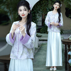 批发实拍新中式汉服盘扣重工刺绣拼接上衣国风吊带纯色鱼尾半身裙套装