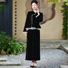 批发实拍新中式气质斜襟改良花边<b class='q'>假两件</b>盘扣金丝绒<b class='q'>上衣</b>复古半身裙套装