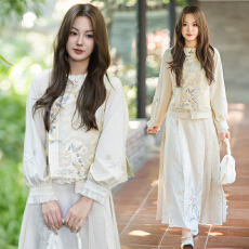 批发实拍新中式古典重工提花刺绣马甲改良长袖国风衬衫汉服半身裙套装