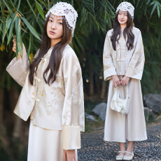 批发实拍新中式汉服盘扣缎面重工提花刺绣改良长袖搭配改良连衣裙套装